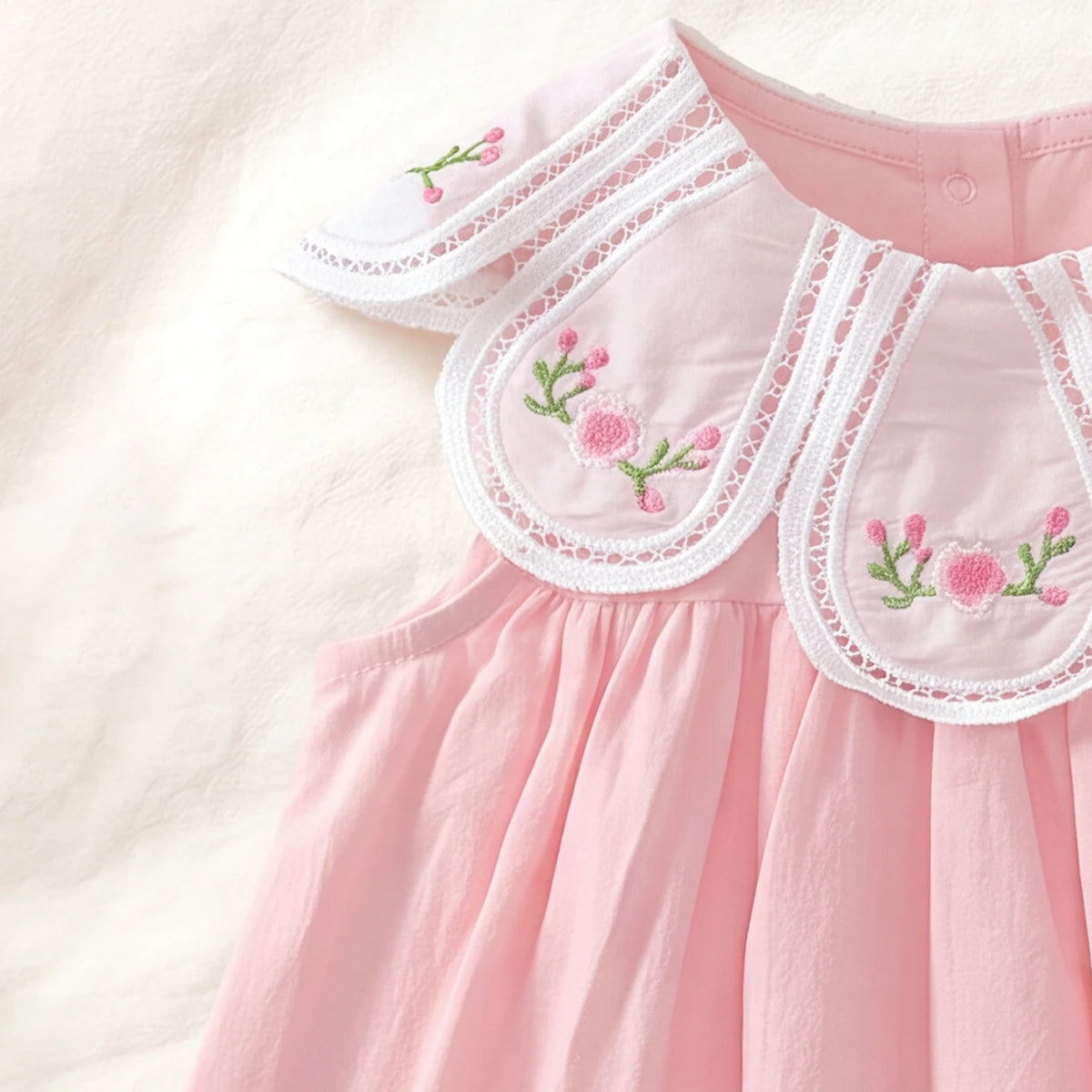 Girls Pink Floral Embroidered Sleeveless A-Line Dress Casual Dresses