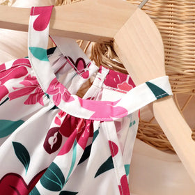Girls Pink Floral Printed Halter Neck A-line Dress Casual Dresses