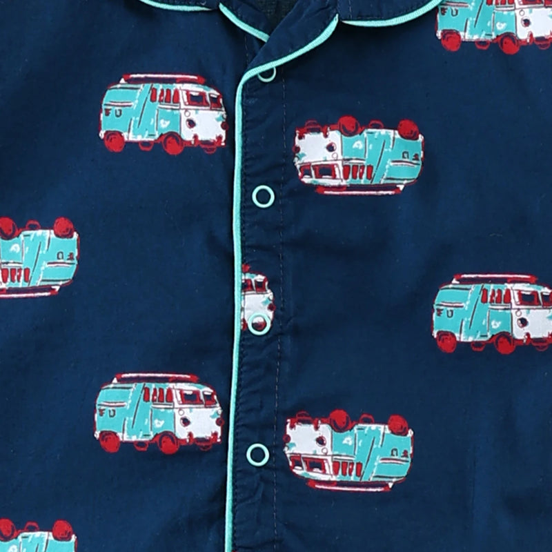 Girls Navy Blue Car Printed Short Sleeve Shirt With Printed Pyjama Sets Sets