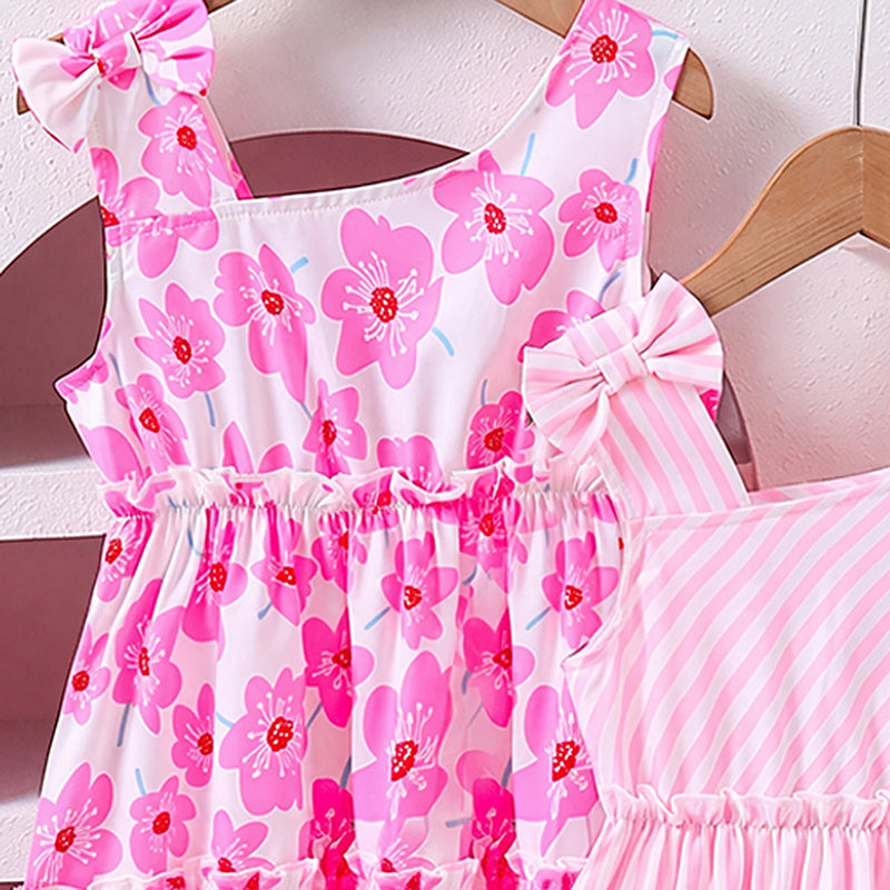 Girls Multicolour Floral Print Sleeveless Tiered Dress Pack Of 2 Casual Dresses