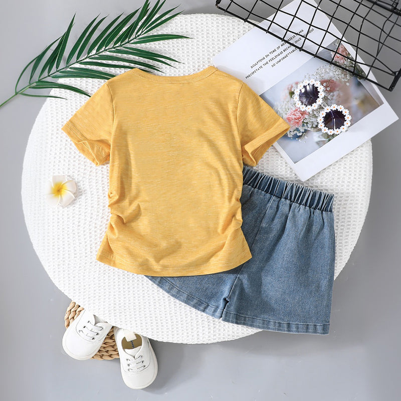 Girls Yellow Printed T-shirt with Embroidered Denim Shorts Set Sets
