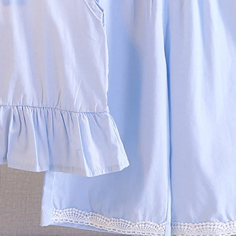 Girls Light Blue Sleeveless Ruffled Top With Pants Sets Sets