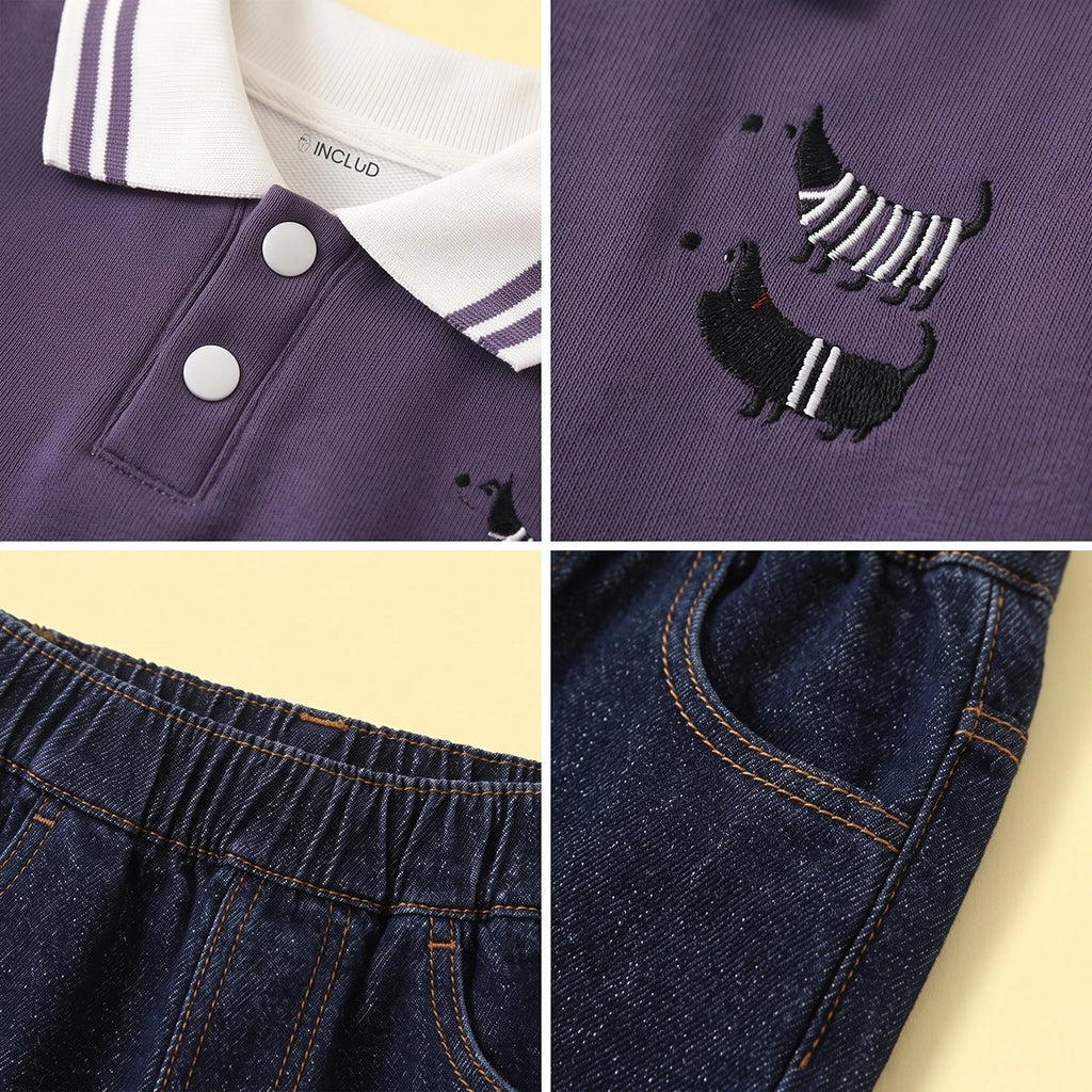 Boys Blue Graphic Polo Sweatshirt With Denim Pants Sets Sets