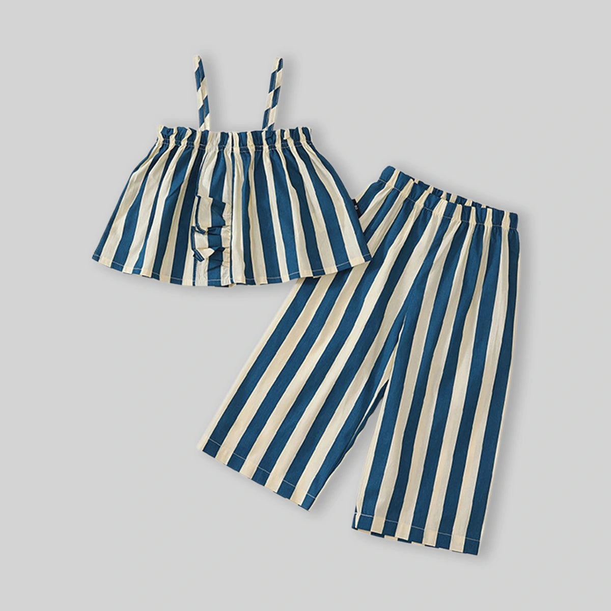 Girls Blue Striped Ruffle Tank Top With Elasticated Pants Sets Sets
