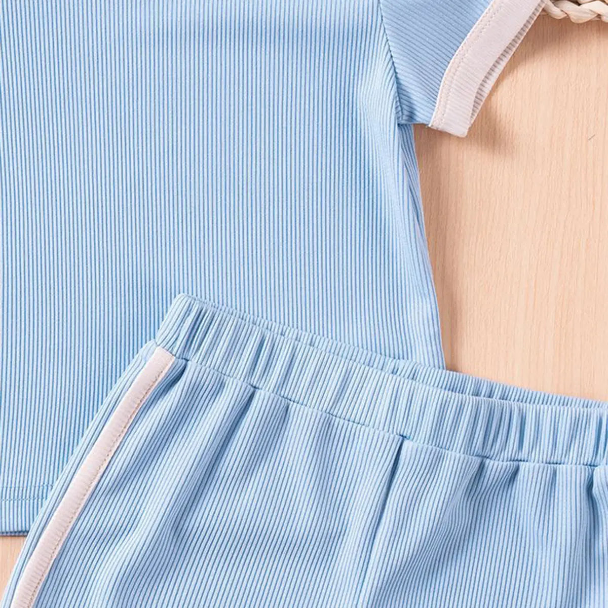Girls Light Blue Ribbed Contrast Trims T-Shirt & Shorts Co-ord Sets Sets