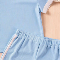Girls Light Blue Ribbed Contrast Trims T-Shirt & Shorts Co-ord Sets Sets