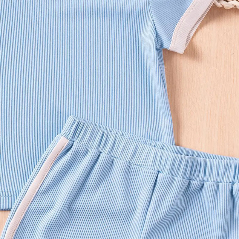 Girls Light Blue Ribbed Contrast Trims T-Shirt & Shorts Co-ord Sets Sets