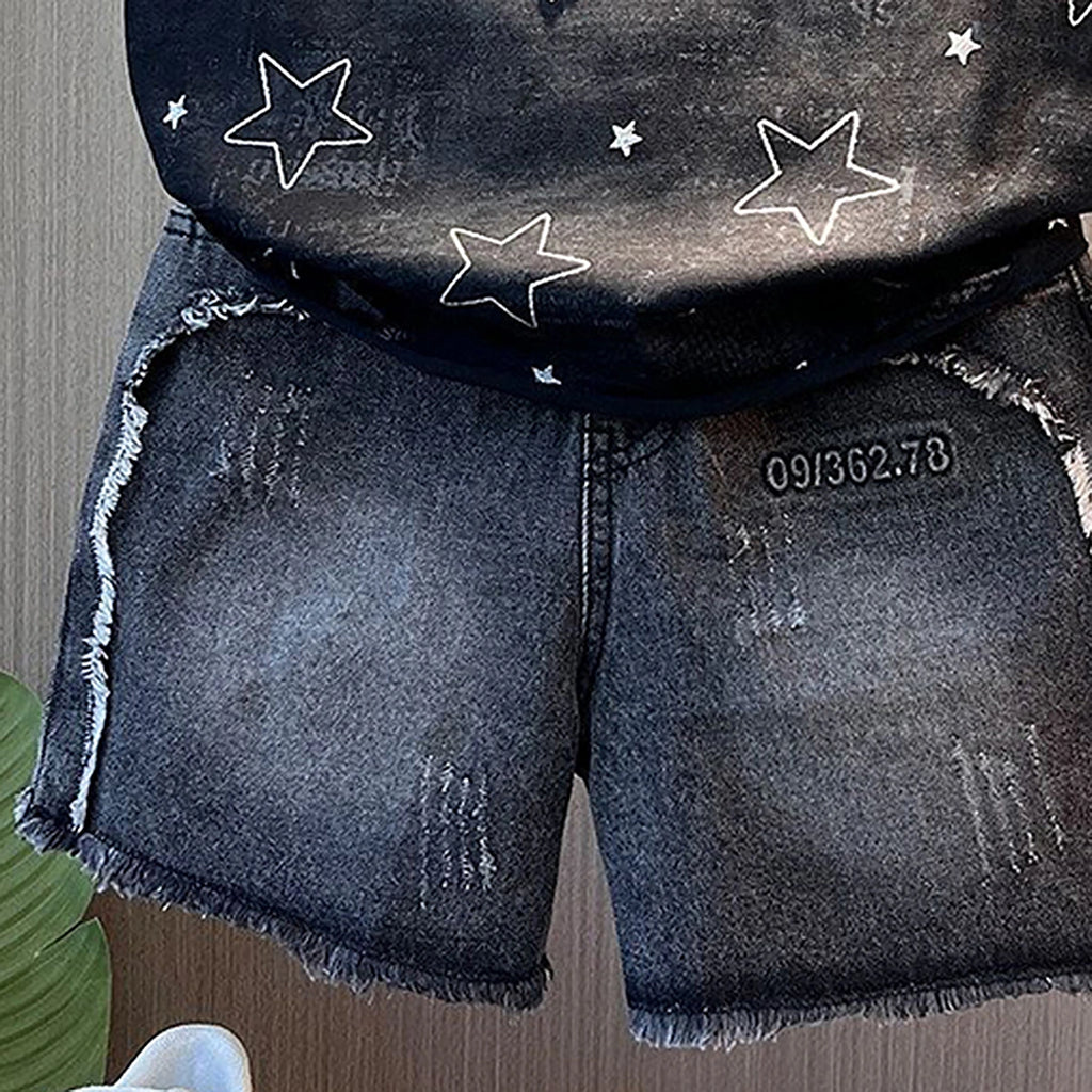 Boys Black Star Print Sleeveless T-Shirt With Denim Shorts Sets 2 pc. Sets