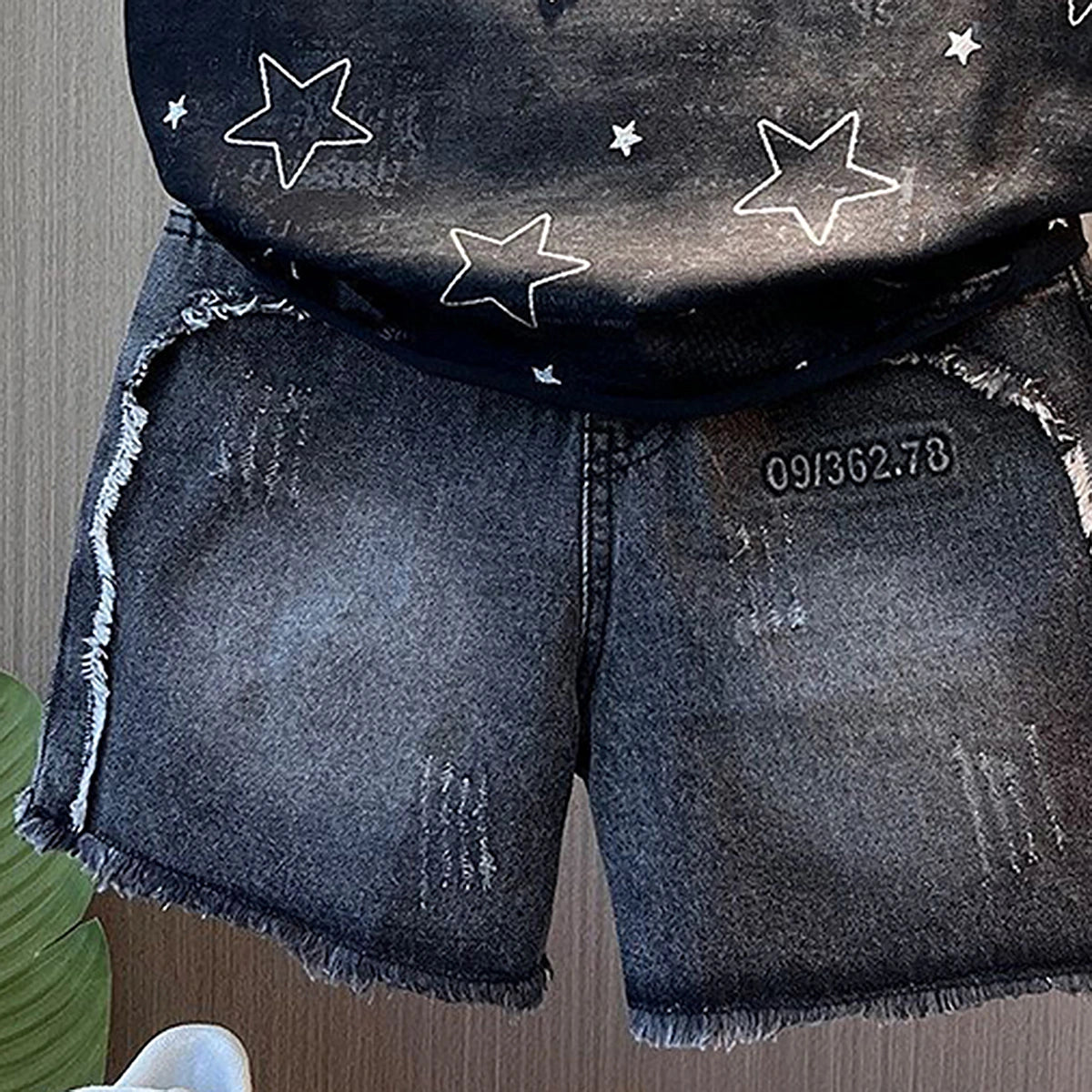 Boys Black Star Print Sleeveless T-Shirt With Denim Shorts Sets 2 pc. Sets