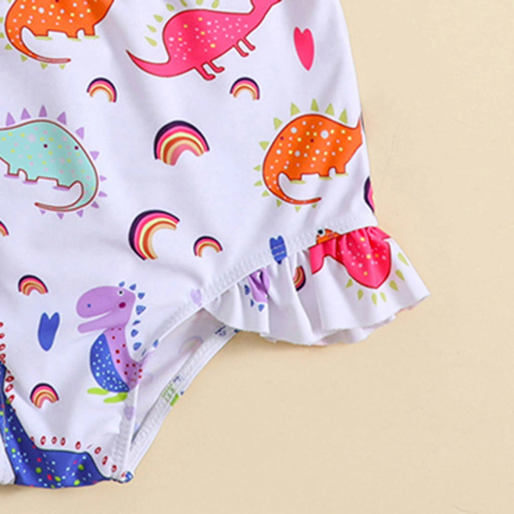 Girls White Dinosaur Printed Peplum Top With Briefs Swimwear Sets Sets