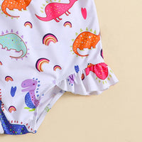 Girls White Dinosaur Printed Peplum Top With Briefs Swimwear Sets Sets