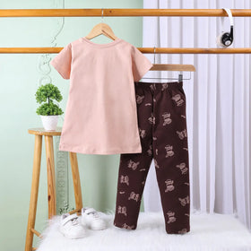 Girls Khaki Graphic Printed Short Sleeve T-shirts With Elasticated Legging Sets Sets