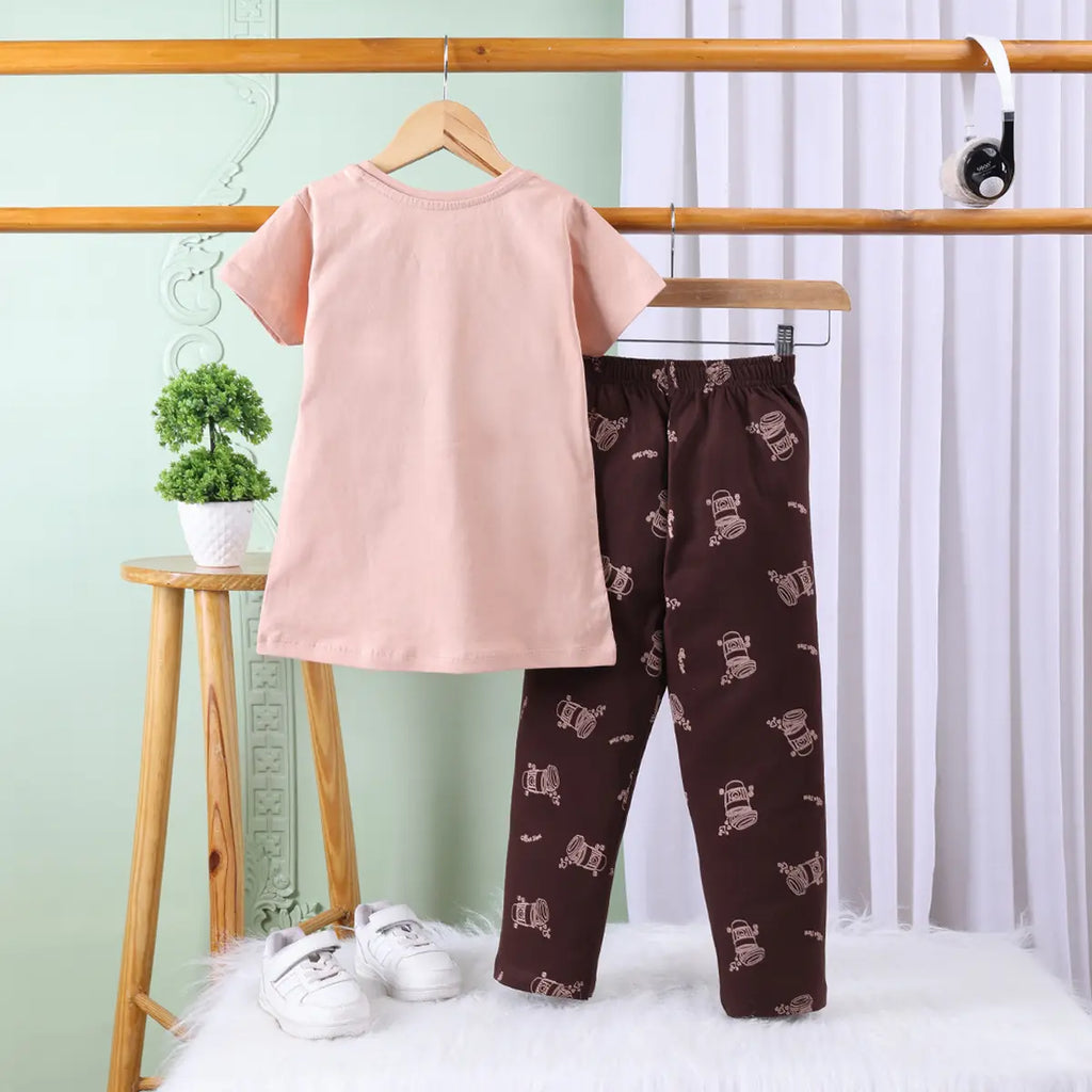 Girls Khaki Graphic Printed Short Sleeve T-shirts With Elasticated Legging Sets Sets