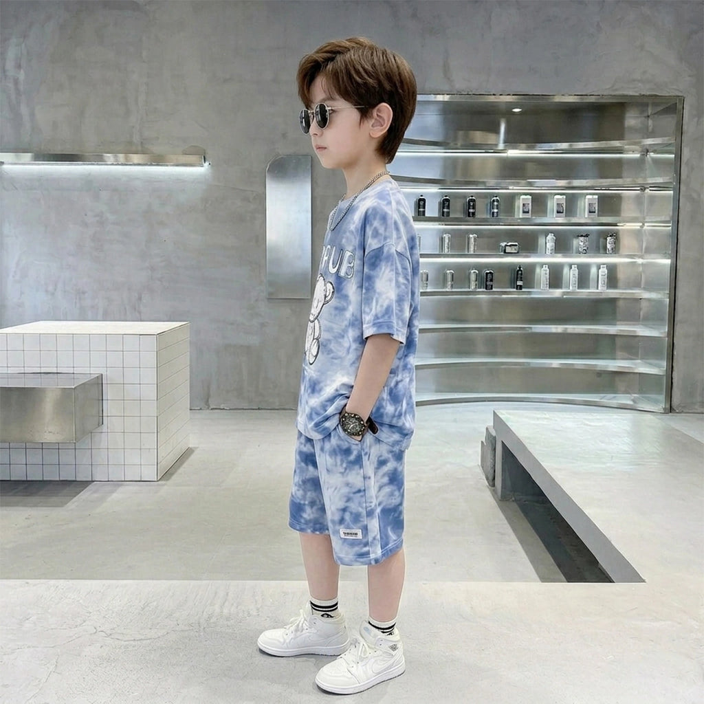 Boys Blue Tie-Dye Bear Graphic Short Sleeve T-Shirt With Elasticated Shorts Sets Sets