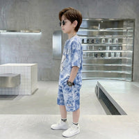 Boys Blue Tie-Dye Bear Graphic Short Sleeve T-Shirt With Elasticated Shorts Sets Sets