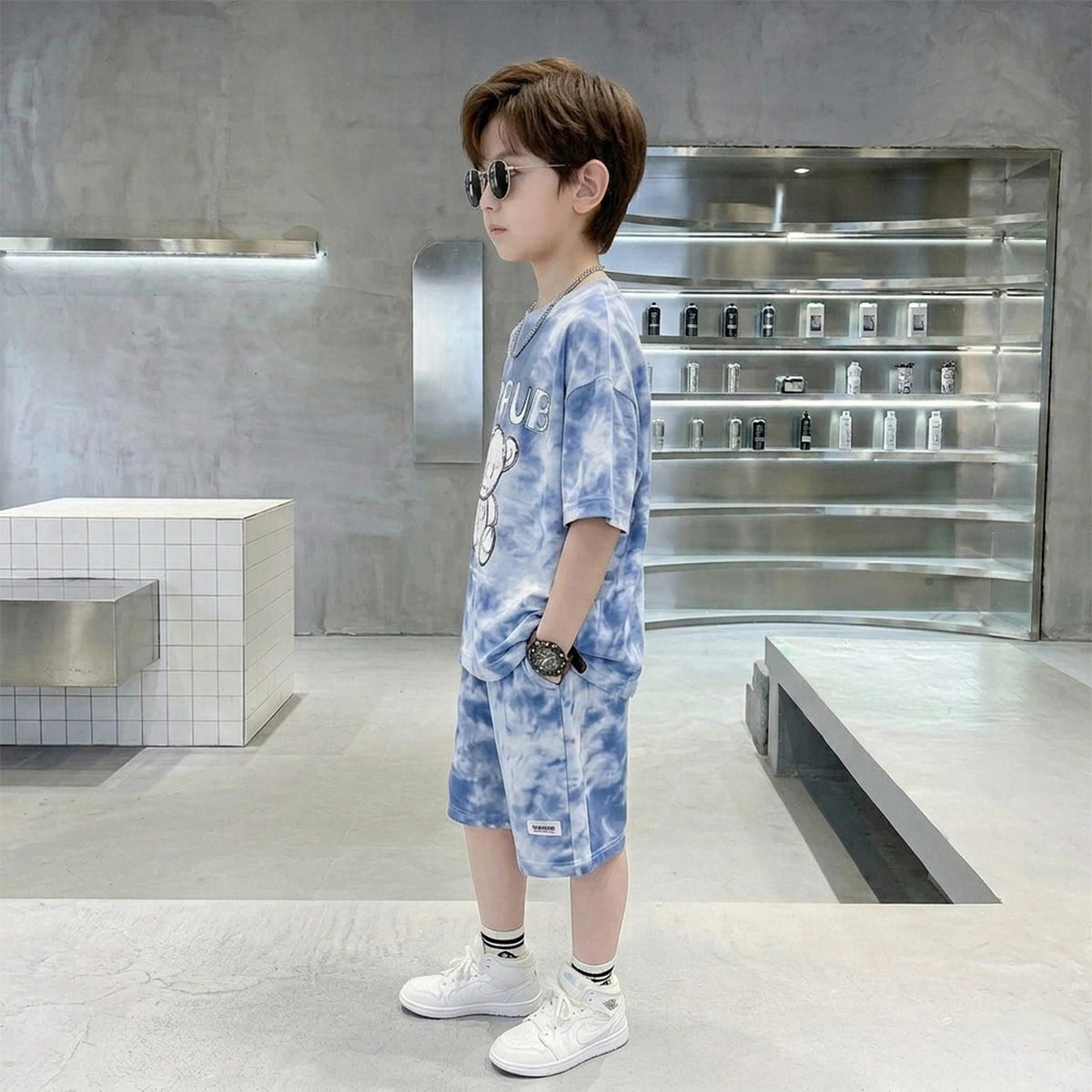 Boys Blue Tie-Dye Bear Graphic Short Sleeve T-Shirt With Elasticated Shorts Sets Sets