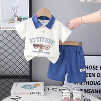 Boys Printed Contrast Collared Polo T-Shirt With Blue Shorts Set 2 pc. Sets Blue 1-2 Y
