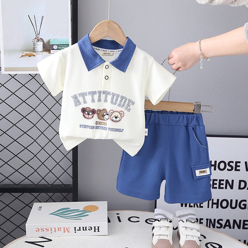 Boys Printed Contrast Collared Polo T-Shirt With Blue Shorts Set 2 pc. Sets Blue 1-2 Y