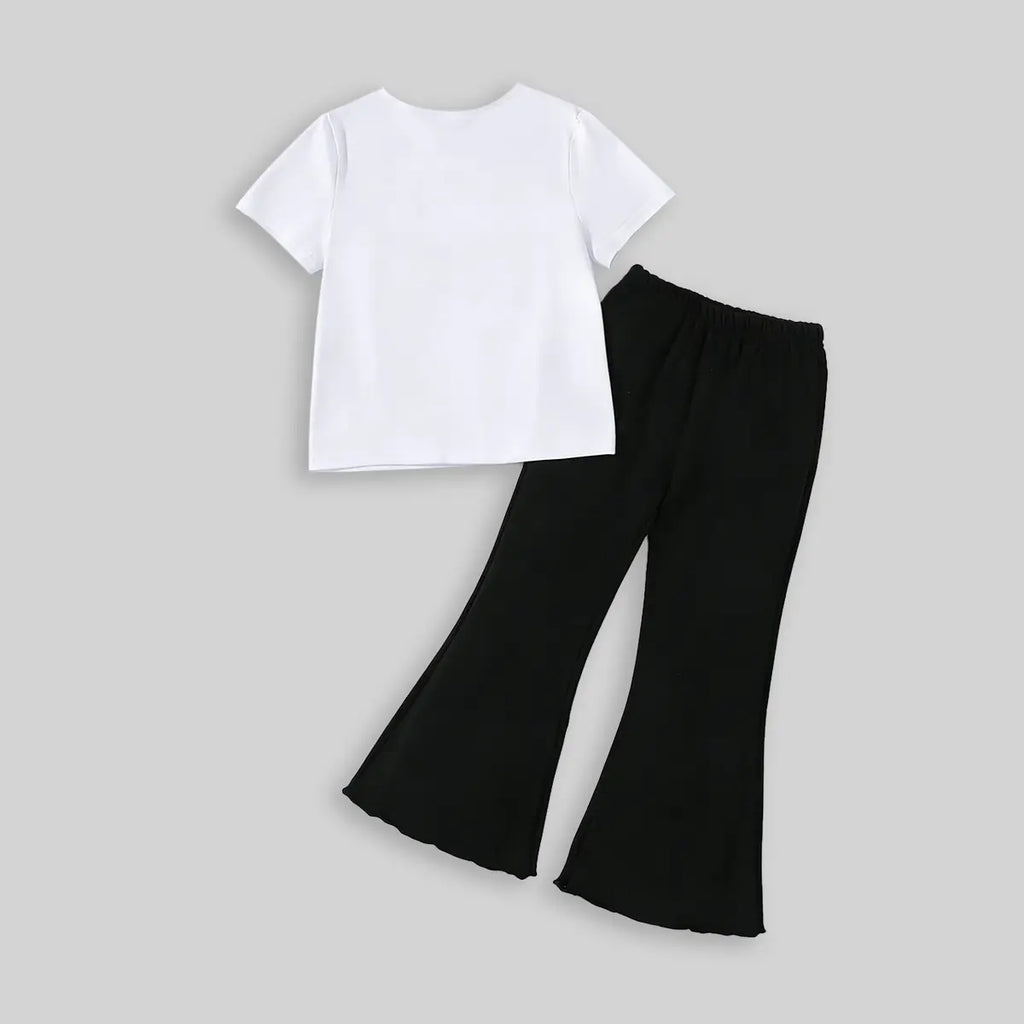 Girls White Butterfly Printed T-Shirt With Flared Pants Sets Sets
