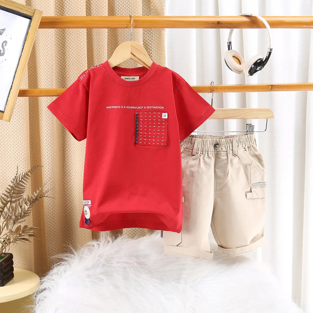 Boys Red Printed T-Shirt With Elasticated Shorts Sets 2 pc. Sets Red 1-2 Y