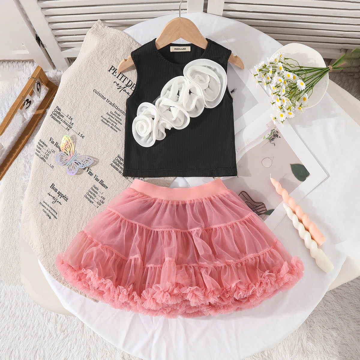 Girls 3D Flowers Applique Top With Peach Tiered Tulle Skirts Set Sets Peach 3-4 Y
