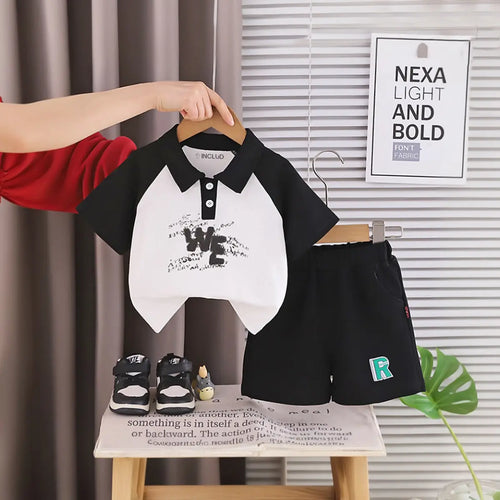 Boys Black Typographic Printed Raglan Sleeve Polo T-Shirt With Shorts Sets 2 pc. Sets Black 1-2 Y