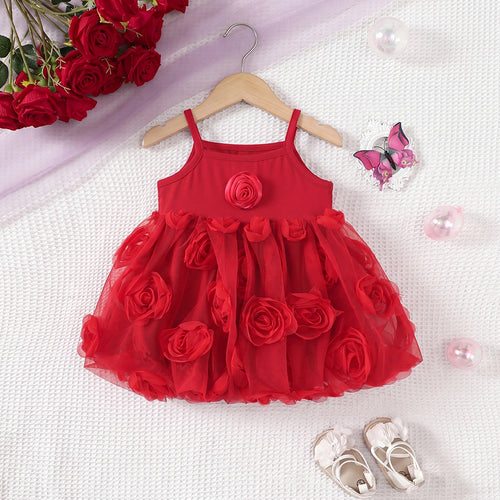 Girls Red Sleeveless Floral Applique Balloon Dress Casual Dresses Red 1-2 Y