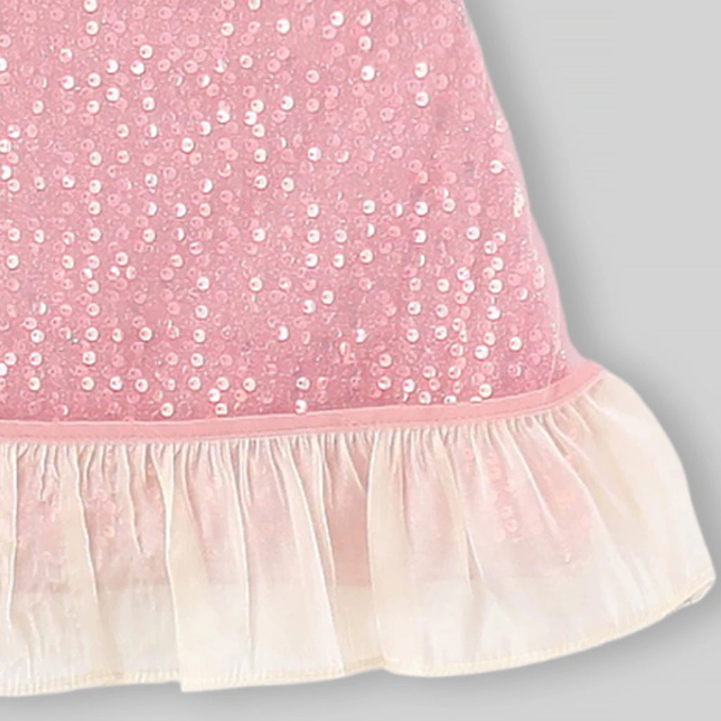 Girls Pink Sequined Sleveless A-Line Dress With Bow Detail Casual Dresses