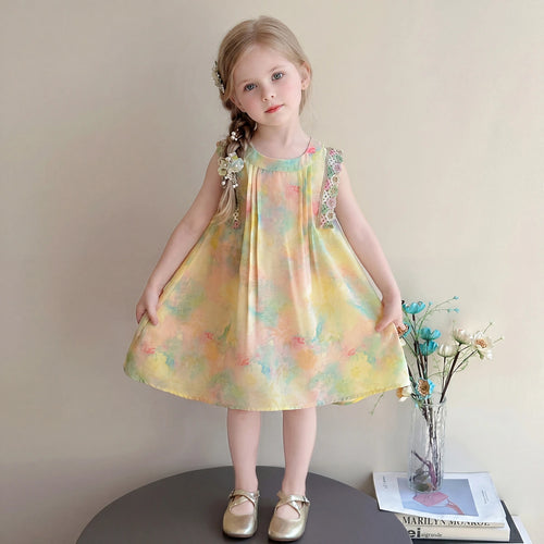 Girls Yellow Floral Print Sleeveless A-Line Dress Casual Dresses Yellow 1-2 Y