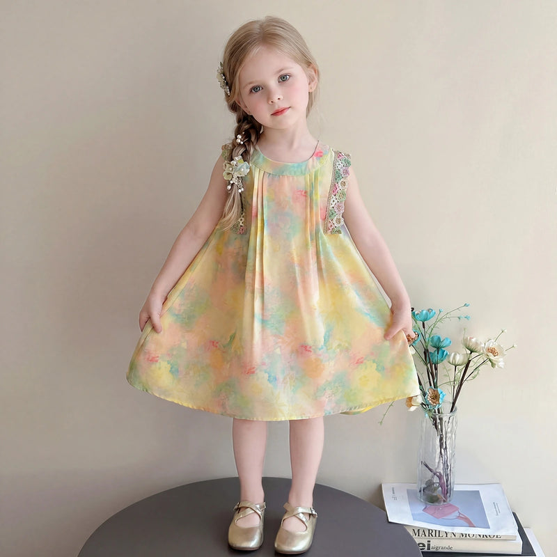 Girls Yellow Floral Print Sleeveless A-Line Dress Casual Dresses Yellow 1-2 Y