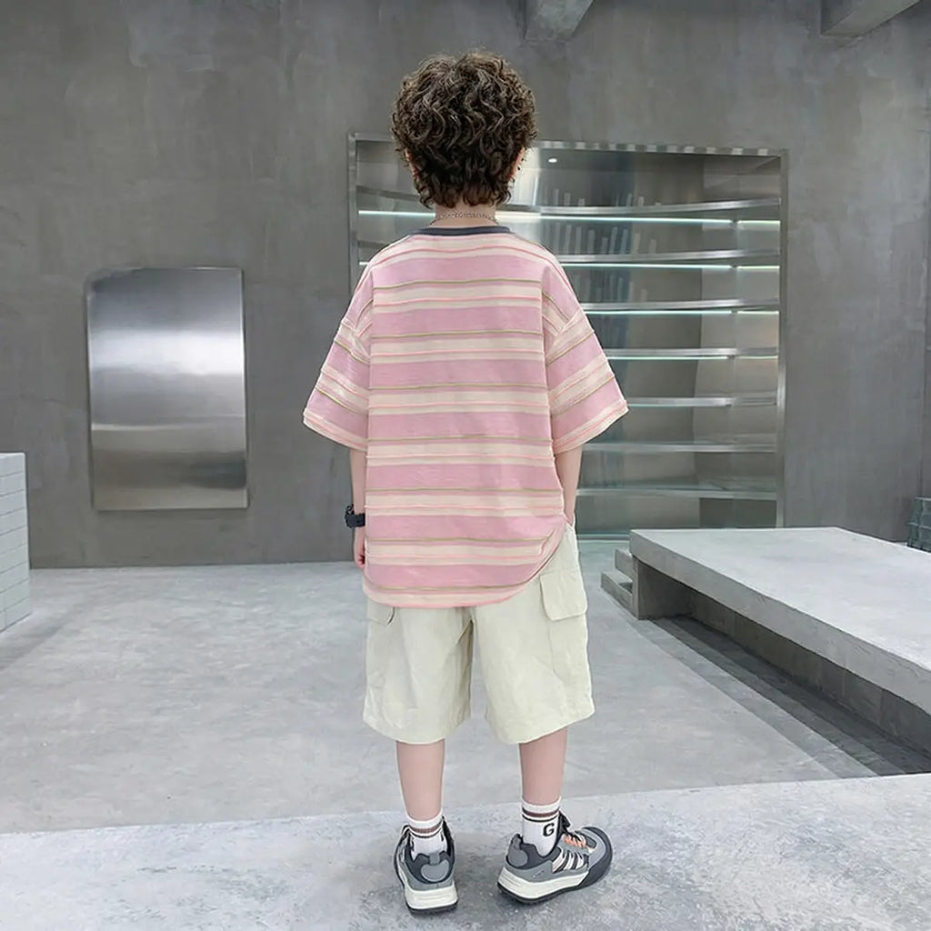 Boys Pink Striped Oversized T-Shirt With Shorts Sets Sets