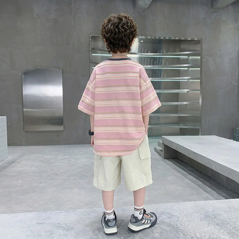 Boys Pink Striped Oversized T-Shirt With Shorts Sets Sets