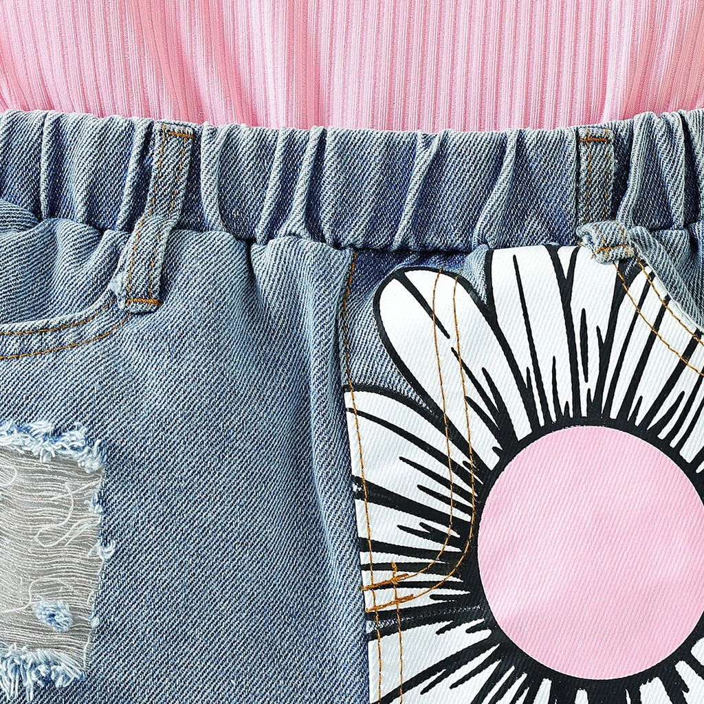 Girls Light Pink Sleeveless Top With Floral Printed Denim Shorts Sets 2 pc. Sets