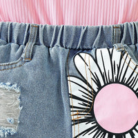 Girls Light Pink Sleeveless Top With Floral Printed Denim Shorts Sets 2 pc. Sets