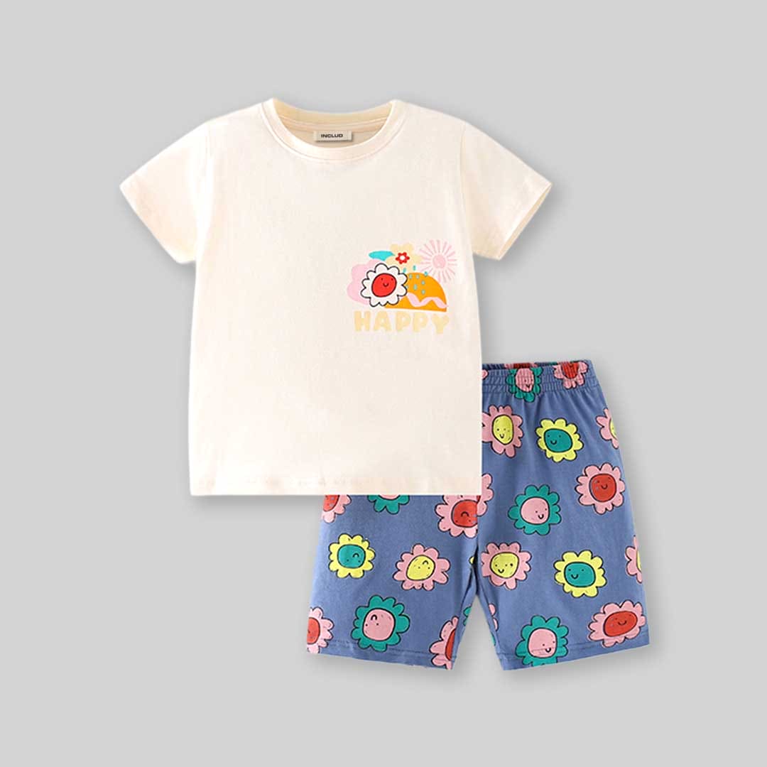 Girls Short Sleeves T-Shirt With Printed Floral Shorts Set Sets   