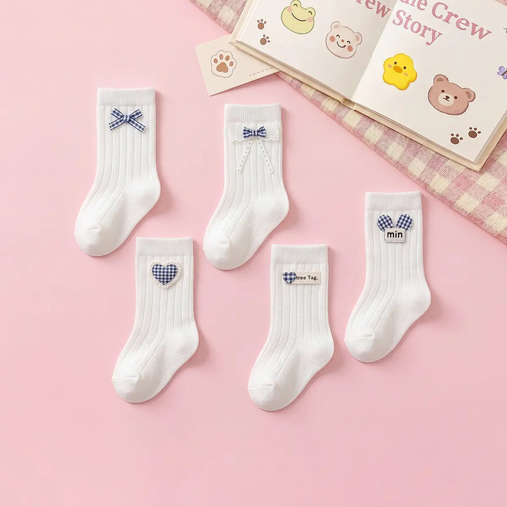 Pack of 5 Girls White Gingham Applique Calf Length Socks Socks White 0-3 M