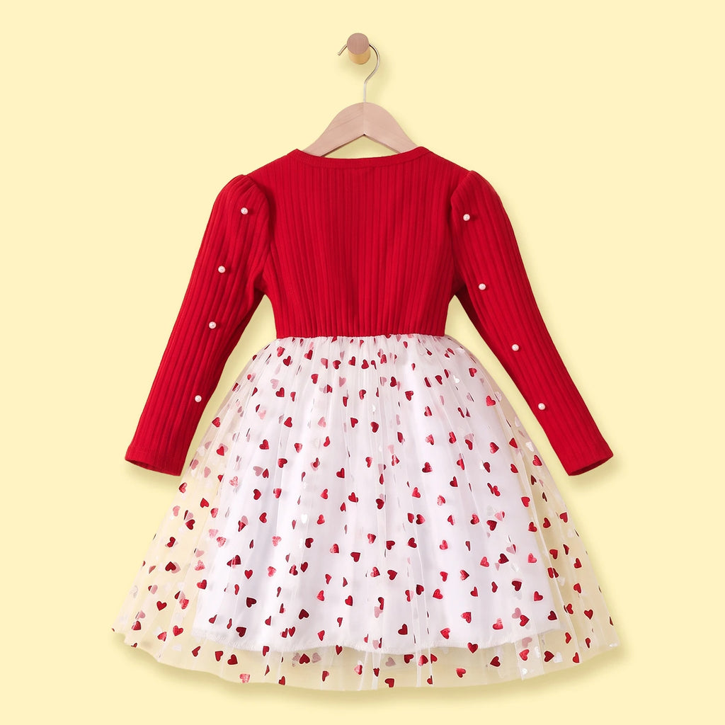 Girls Red Heart Printed Fit & Flare Dress Casual Dresses