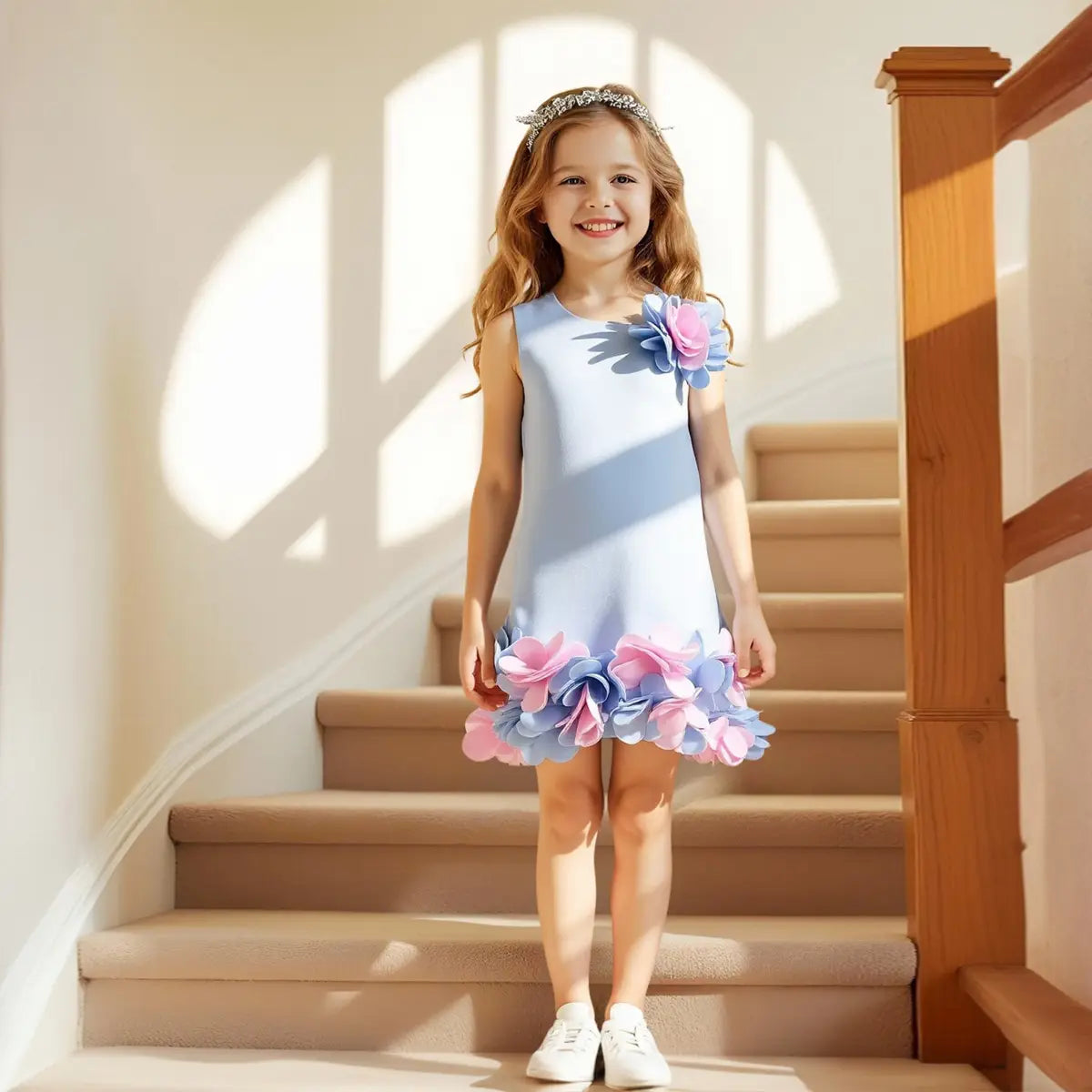Girls Sky Blue Sleeveless A-line Party Wear Dress With 3D Flowers Appliques Party Dresses