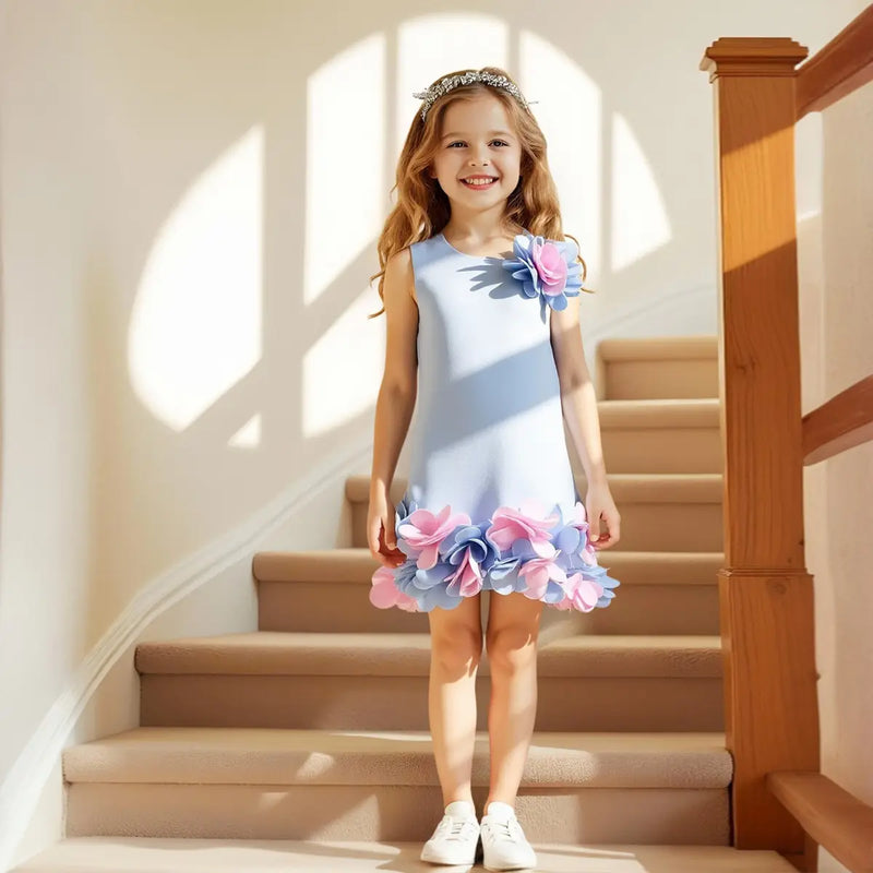 Girls Sky Blue Sleeveless A-line Party Wear Dress With 3D Flowers Appliques Party Dresses