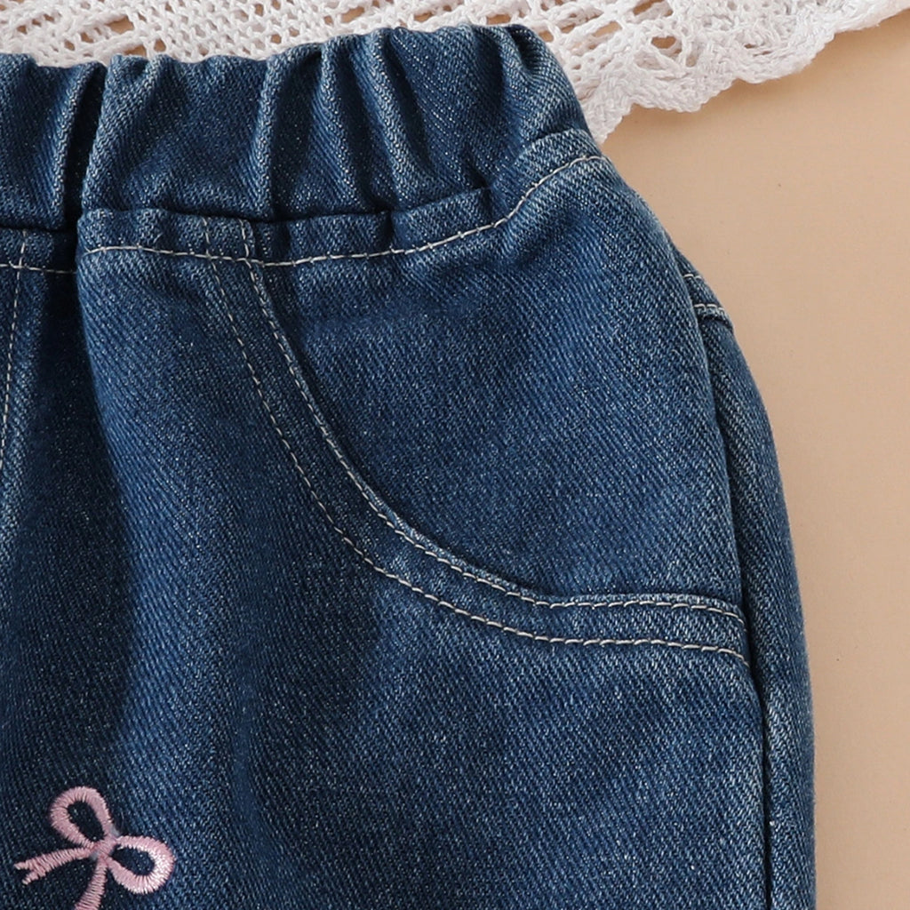 Girls Fuchsia Short Sleeves Top With Bow Embroidered Denim Pants Set Sets