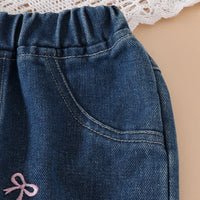 Girls Fuchsia Short Sleeves Top With Bow Embroidered Denim Pants Set Sets
