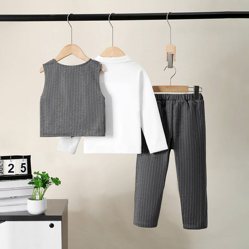 Boys Grey Sleeveless Jacket With Long Sleeve Polo T-Shirt And Pants Set 3 pc. Sets
