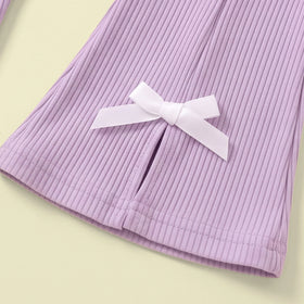 Girls Purple Striped Peter Pan Collar Top & Pants Sets Sets