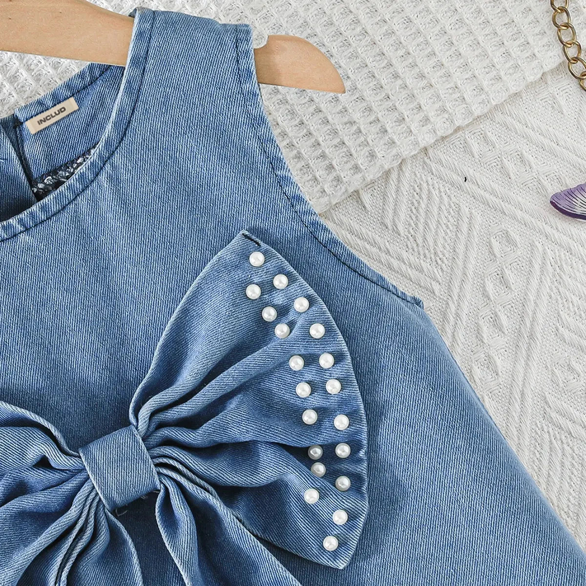 Girls Blue Bow Applique A-line Denim Dress Casual Dresses