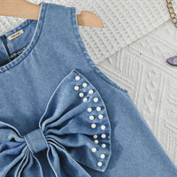Girls Blue Bow Applique A-line Denim Dress Casual Dresses