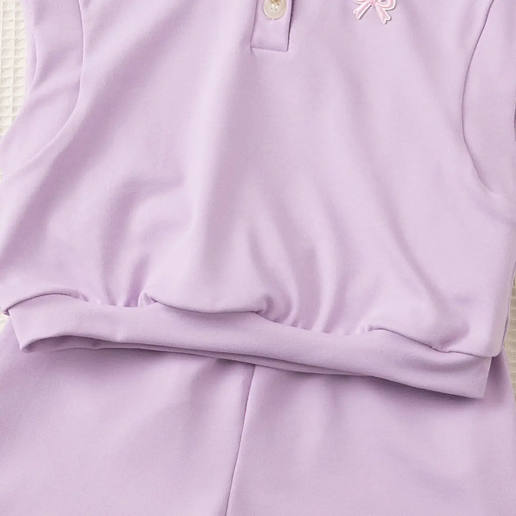 Girls Purple Bow Embroidered Sleeveless Polo Top With Shorts Co-ord Sets Sets