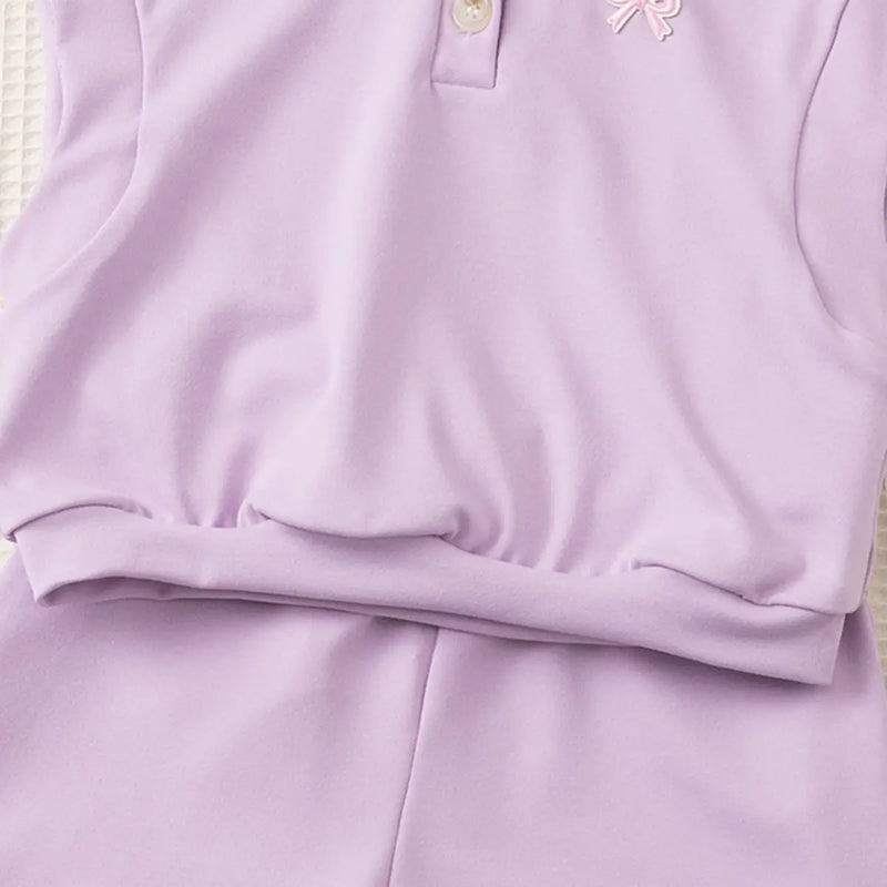 Girls Purple Bow Embroidered Sleeveless Polo Top With Shorts Co-ord Sets Sets