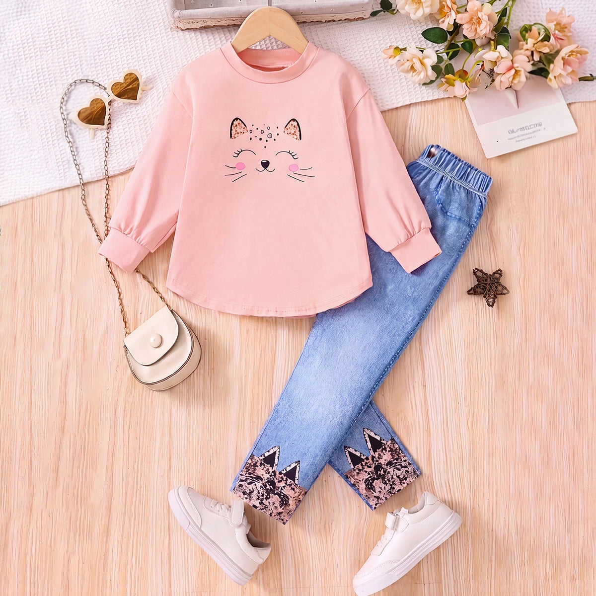 Girls Light Pink Graphic Top With Denim Jeans Sets 2 pc. Sets Light Pink 3-4 Y