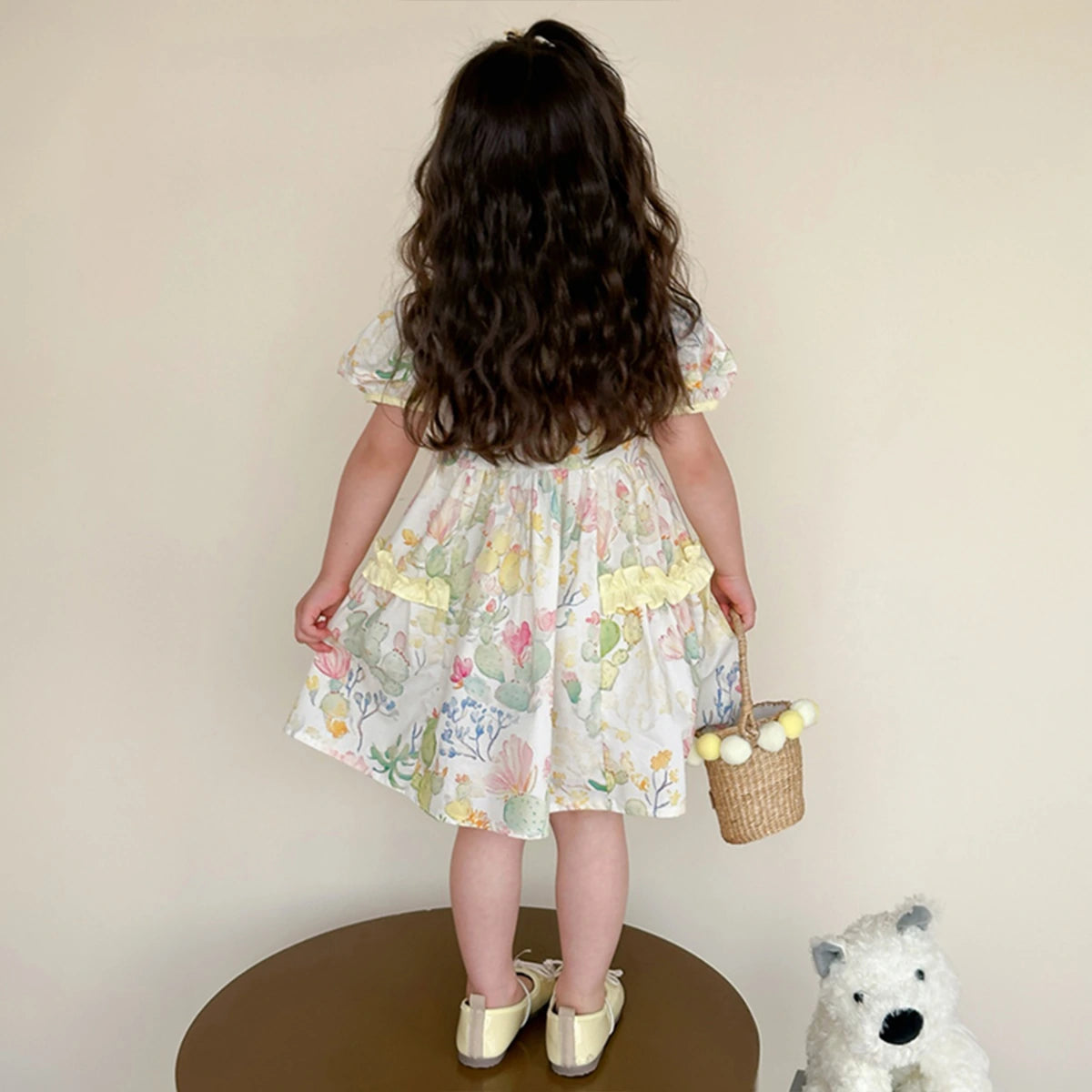 Girls Multicolour Floral Print Fit & Flare Dress with Puff Sleeves Casual Dresses