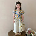 Girls Yellow Floral Print Puff Sleeve Top With Pants Sets Sets Yellow 1-2 Y
